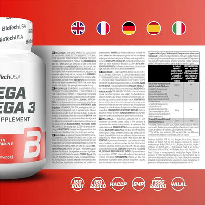 BioTechUSA Mega Omega 3 Supplement mit Vitamin E, Fischöl-Kapseln, ISO & HACCP zertifiziert, für Gehirn & Herz