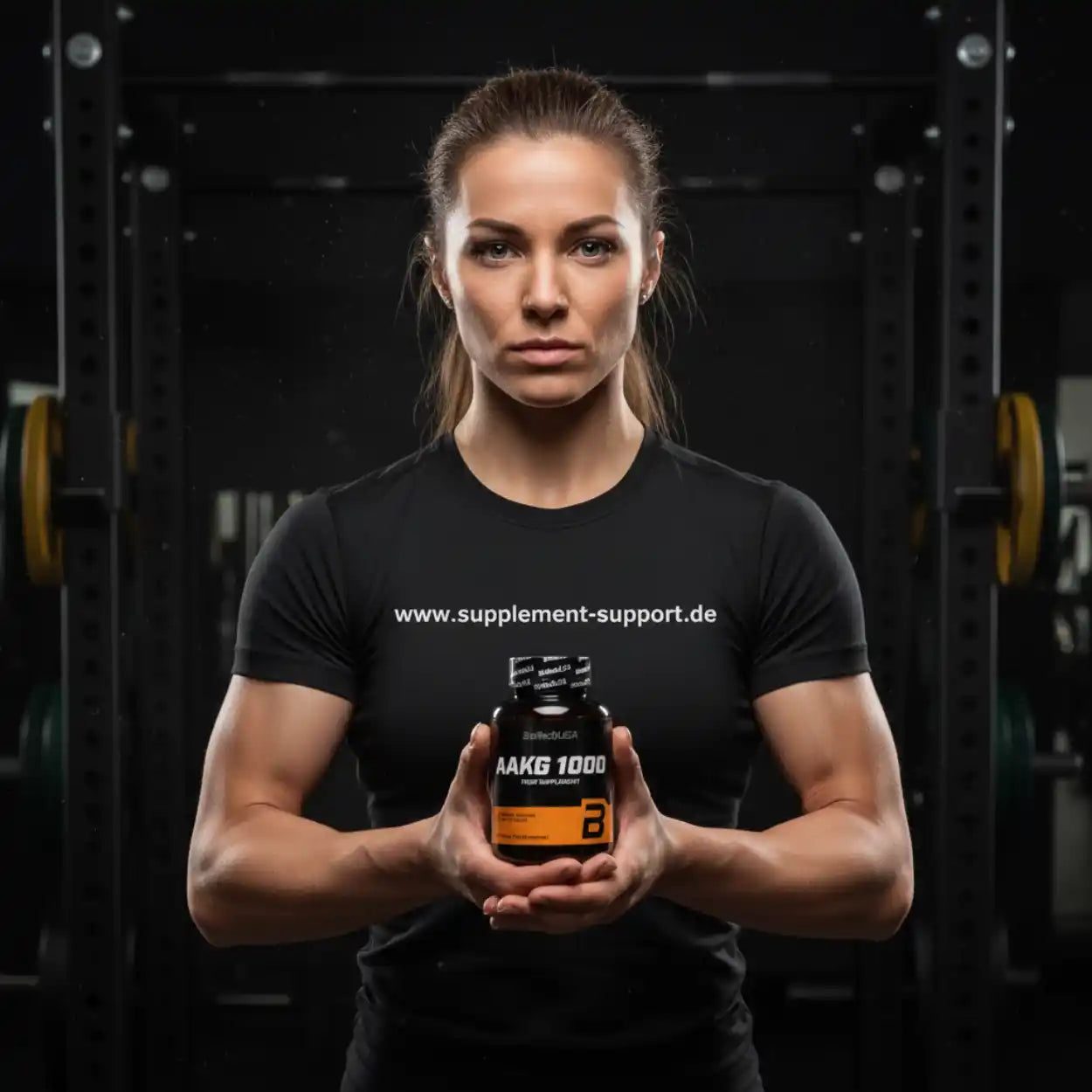 Frau im Fitnessstudio hält AAKG 1000 Supplement, ideal für Sportler und Muskelaufbau