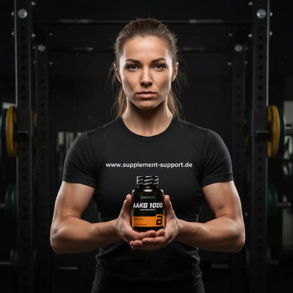 Frau im Fitnessstudio hält AAKG 1000 Supplement, ideal für Sportler und Muskelaufbau
