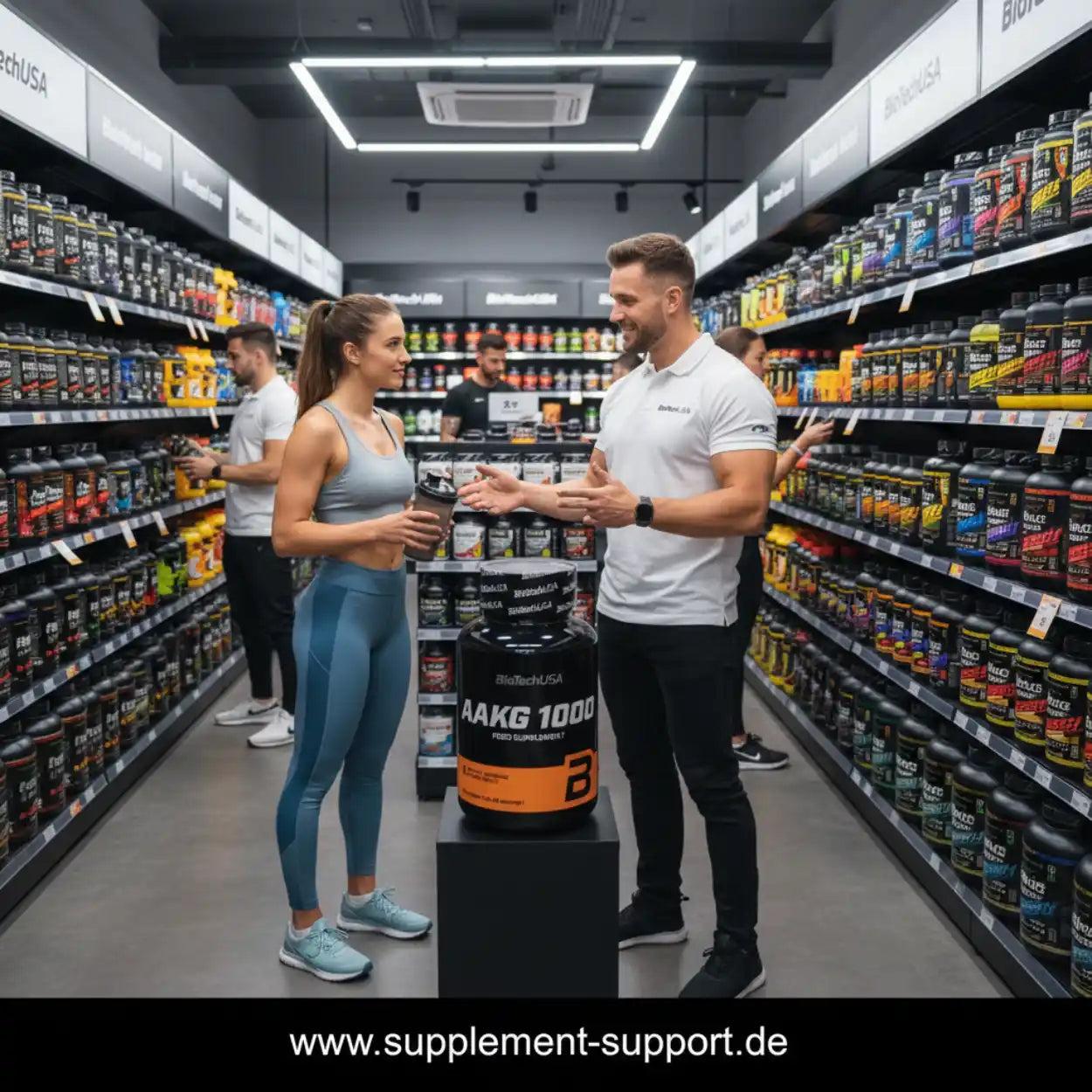 Mann und Frau im Supplement-Shop mit AAKG 1000 Protein-Produkt