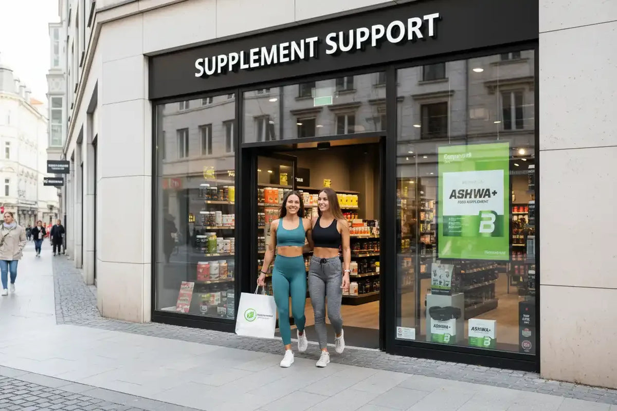 Zwei Frauen verlassen Supplement Support-Laden mit Einkaufstüten, Nahrungsergänzungsmittel im Schaufenster