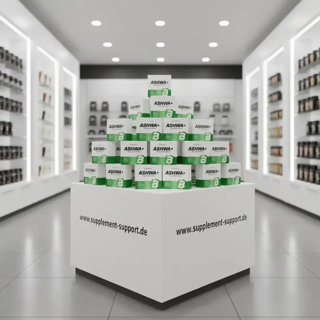 ASHWA+ Nahrungsergänzungsmittel in moderner Apotheke, Protein & Vitamine für Sportler