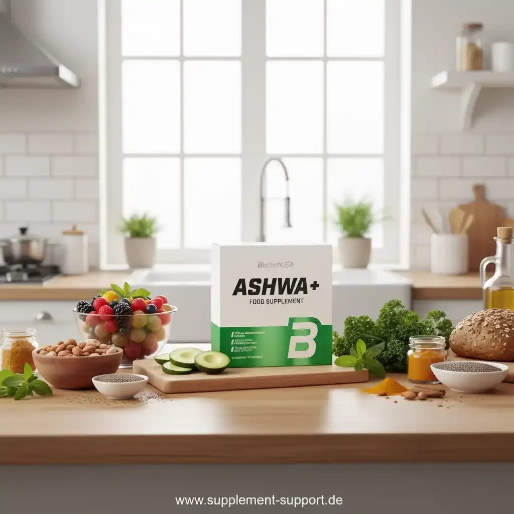Ashwa+ Nahrungsergänzungsmittel in moderner Küche mit frischem Obst, Nüssen und Gemüse