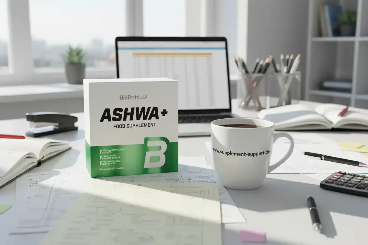 Ashwa+ Nahrungsergänzungsmittel von BioTechUSA auf Bürodesk mit Kaffeetasse und Laptop