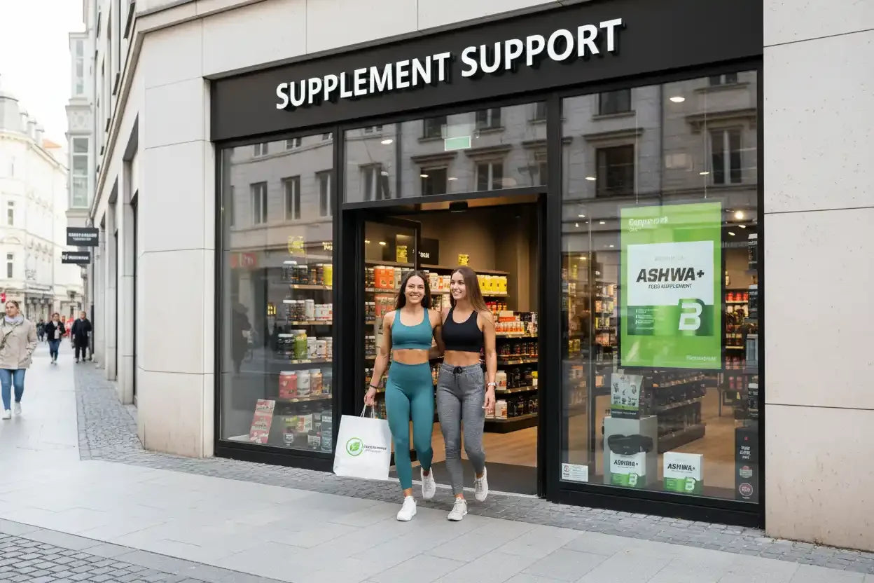 Zwei Frauen verlassen Supplement Support-Laden mit Einkaufstüten, Nahrungsergänzungsmittel im Schaufenster