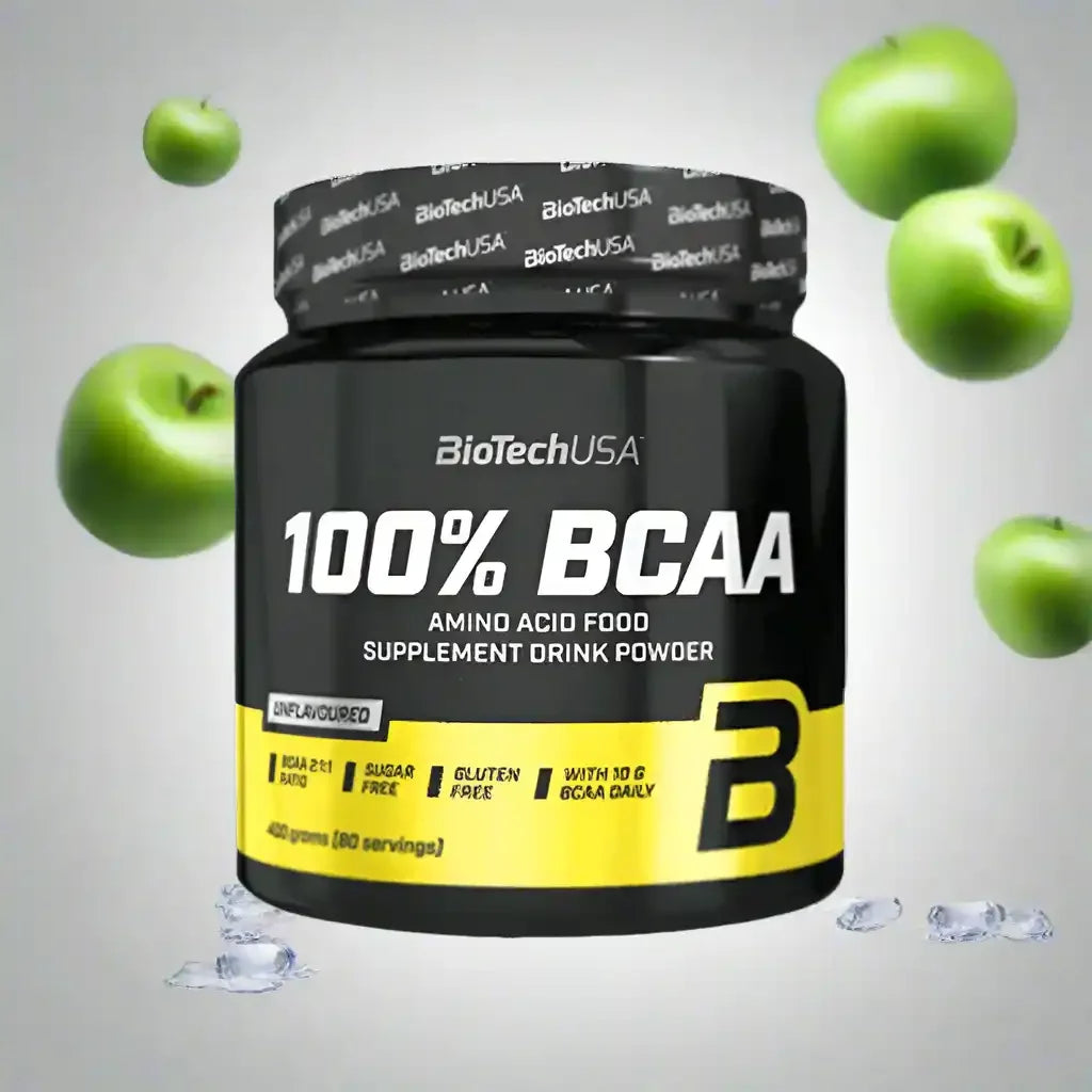 BioTechUSA 100% BCAA Pulver 360g, schwarze Dose mit gelbem Etikett, grüne Äpfel, Eiswürfel