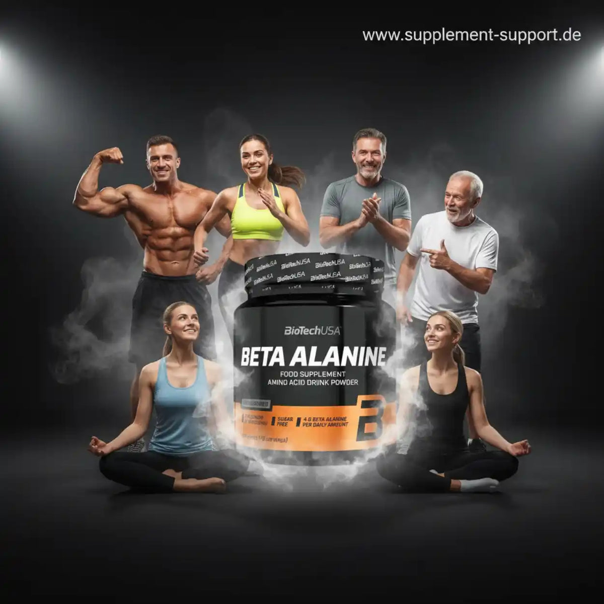 BioTechUSA Beta Alanine Nahrungsergänzungsmittel mit sportlichen Menschen im Hintergrund