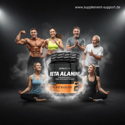 BioTechUSA Beta Alanine Nahrungsergänzungsmittel mit sportlichen Menschen im Hintergrund