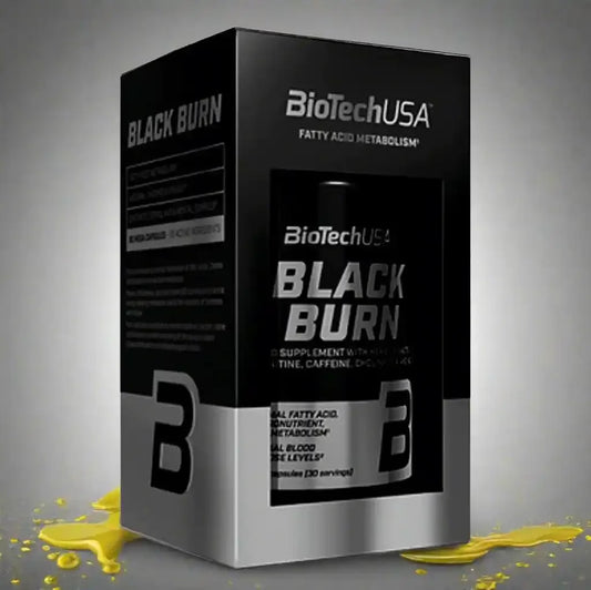BioTechUSA Black Burn 90 Kapseln, schwarzes Supplement-Paket mit gelben Spritzern, Nahrungsergänzungsmittel
