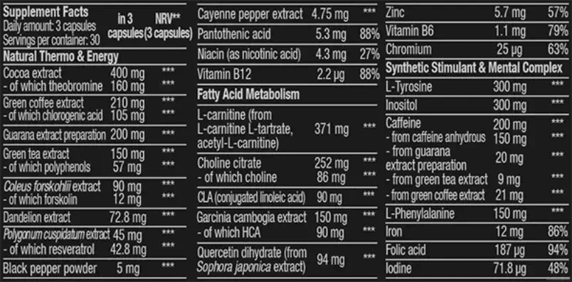 Nahrungsergänzungsmittel Black Burn von Biotech USA, Produktlabel mit Zutaten und Nährwerten.
