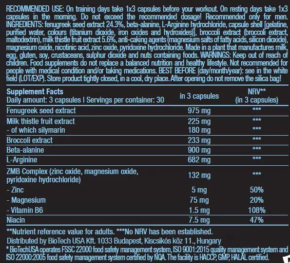 Biotech USA Black Test Nahrungsergänzung, Zutatenliste, Nährwerttabelle und Dosierung auf Verpackungsetikett.