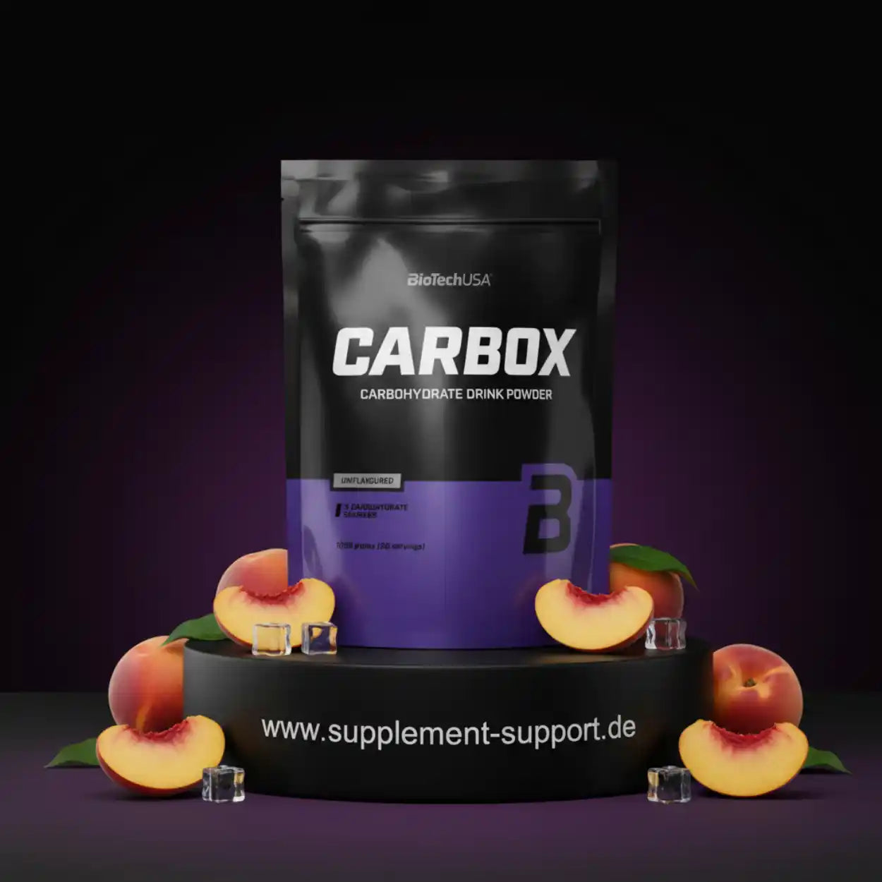 CARBOX Kohlenhydrat-Pulver mit Pfirsichen und Eiswürfeln, ideal für Sportler und Fitness-Enthusiasten