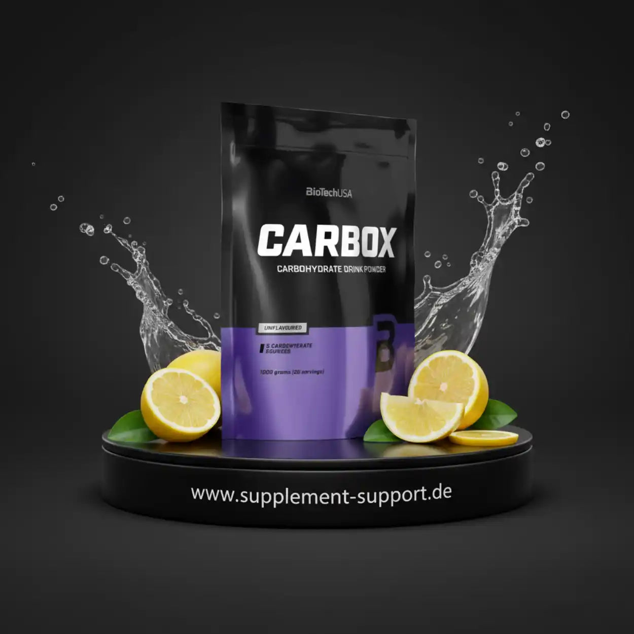 CARBOX Kohlenhydratpulver von BioTechUSA mit Zitronen und Wasserspritzern, ungeschmackt, 1000g