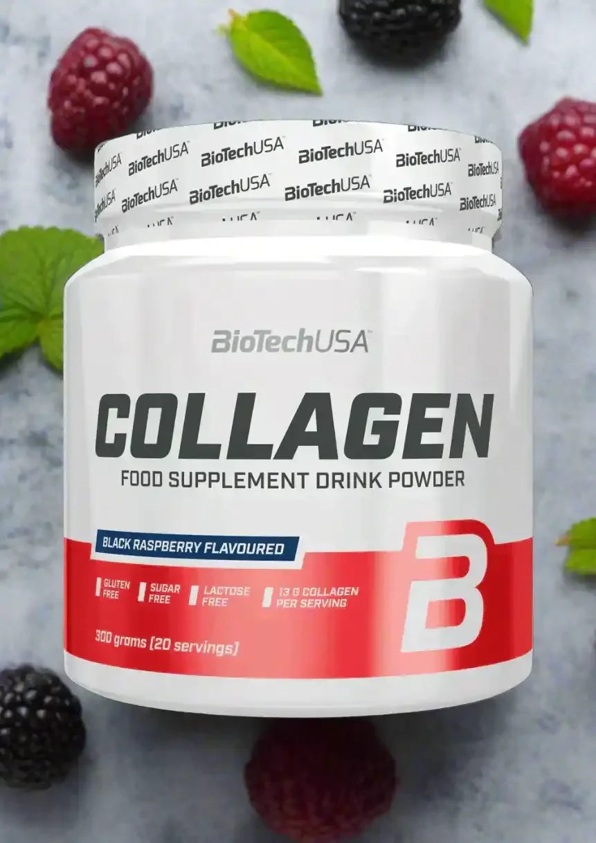 BioTechUSA Collagen Pulver 300g, Nahrungsergänzung, schwarze Himbeere, Produktdose, Beeren