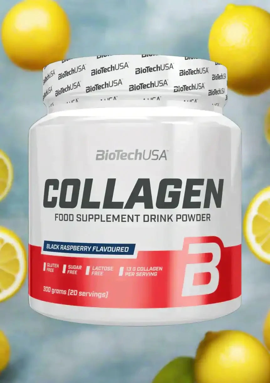 BioTechUSA Collagen Pulver 300g Nahrungsergänzung, Zitronen im Hintergrund