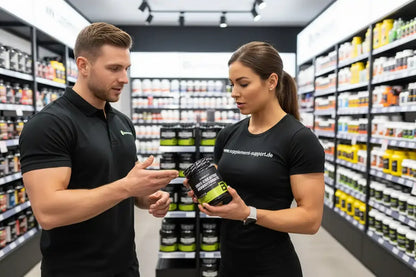 Mann und Frau im Supplement-Shop mit Kreatin-Monohydrat-Dose, Protein & Sportnahrung
