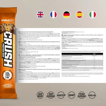 BioTechUSA Crush Protein Bar Schokoriegel Verpackung, Nährwertangaben, Qualitätssiegel, Sprachen