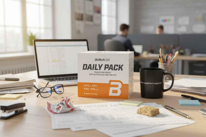 BioTechUSA Daily Pack Nahrungsergänzung mit Kapseln & Tabletten im Büro auf Schreibtisch