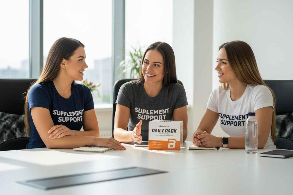 Drei Frauen mit Supplement Support Shirts besprechen Daily Pack Nahrungsergänzung am Tisch