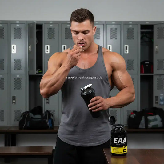 Muskulöser Mann nimmt EAA Kapsel von Biotech USA im Fitnessstudio, Supplement Support