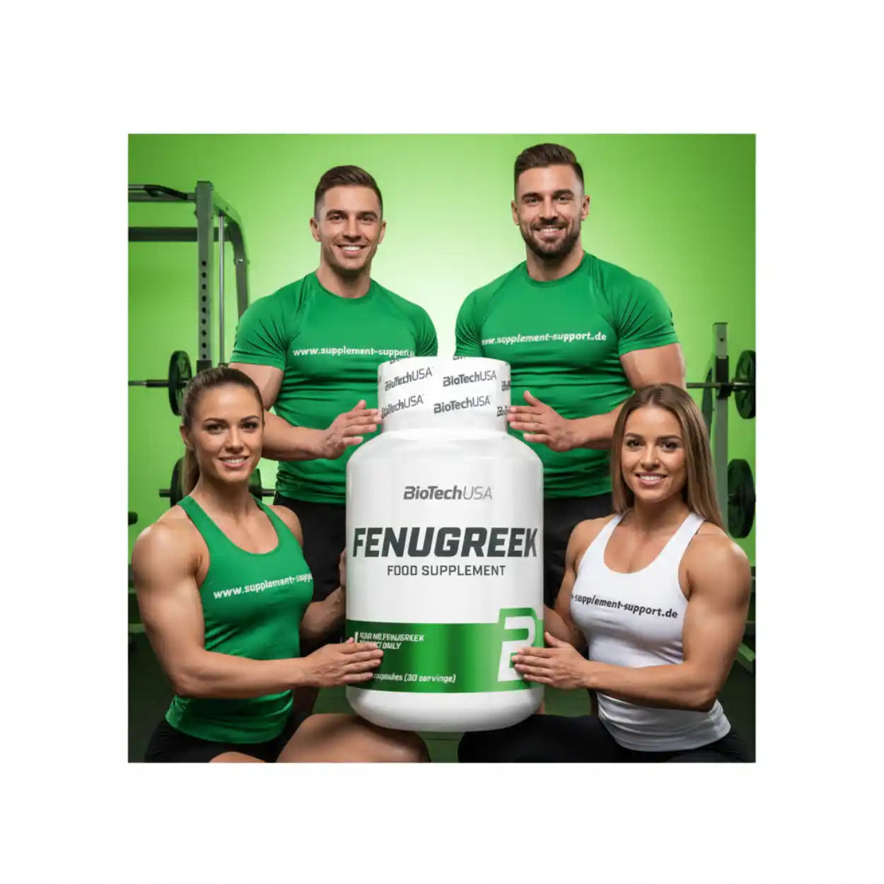 Fenugreek Nahrungsergänzungsmittel von BioTechUSA, präsentiert von fiten Modellen im Fitnessstudio