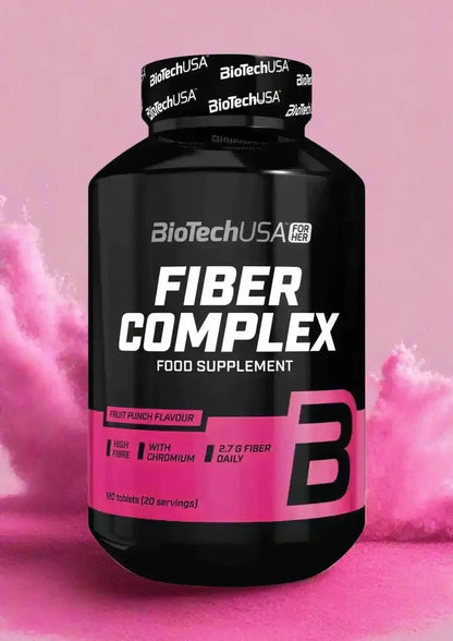 BiotechUSA Fiber Complex Nahrungsergänzung für Frauen, schwarze Dose mit pinkem Etikett, 120 Kautabletten, Ballaststoffsupplement auf rosa Hintergrund.