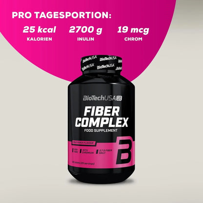 BiotechUSA Fiber Complex Ballaststoff Nahrungsergänzung, schwarze Dose, pinkes Label, 120 Kautabletten