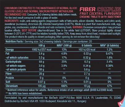 BiotechUSA Fiber Complex Kautabletten Etikett, Zutaten, Nährwerte, Ballaststoff Supplement