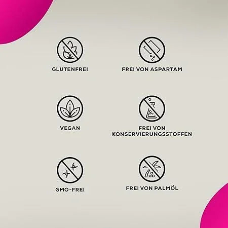 Symbole für glutenfrei, Aspartam-frei, vegan, frei von Konservierungsstoffen, GMO-frei und palmölfrei auf hellem Hintergrund.