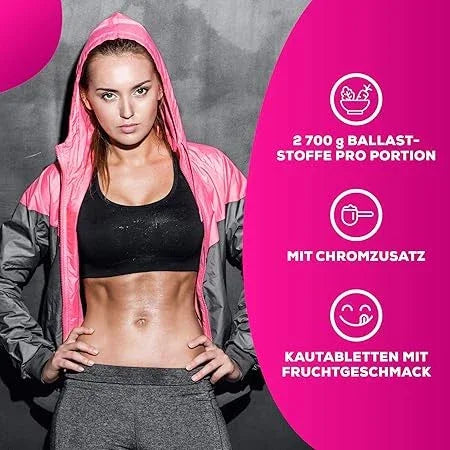 Sportliche Frau mit pinker Kapuzenjacke, Ballaststoffe, Fruchtgeschmack, Chromzusatz Info-Grafik