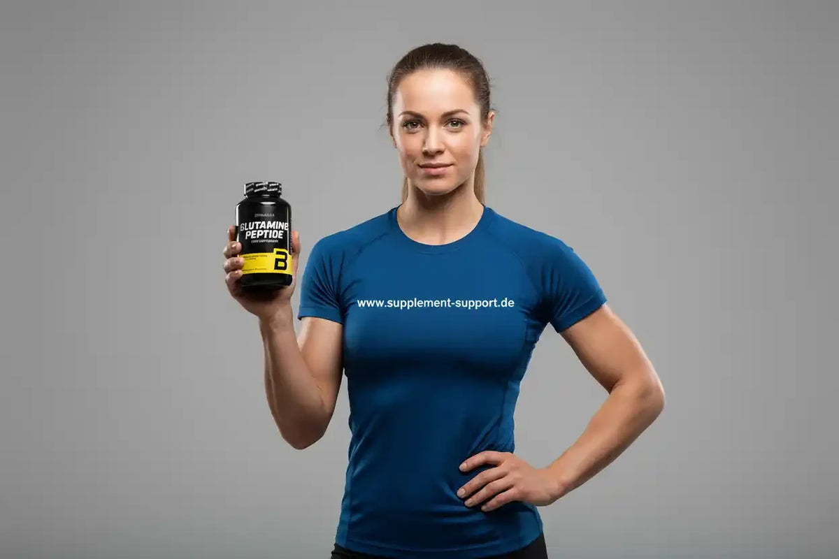 Frau mit Glutamin Peptide Nahrungsergänzungsmittel, Sportnahrung für Fitness und Muskelaufbau