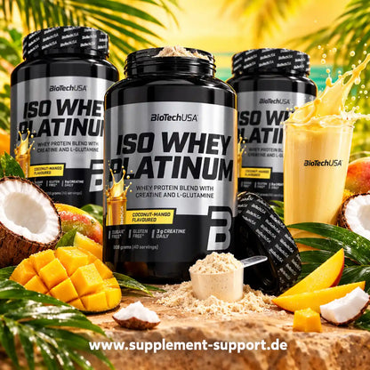 BioTech USA Iso Whey Platinum Whey Protein im Kokos-Mango Geschmack mit frischen Früchten