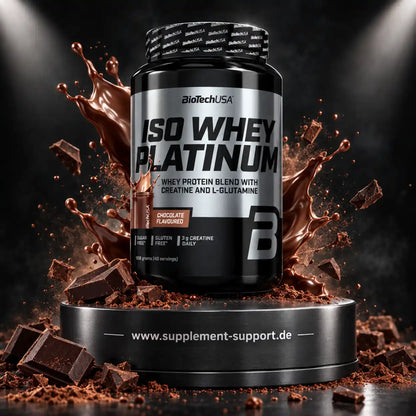 BioTech USA Iso Whey Platinum Proteinpulver Schokolade mit Schokospritzern und Stückchen