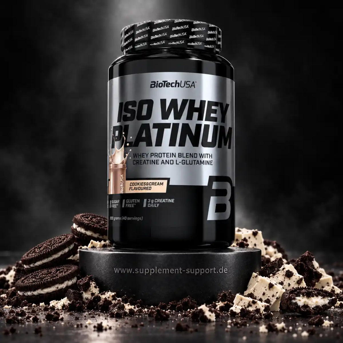 BioTech USA Iso Whey Platinum Proteinpulver in Cookies & Cream Geschmack mit Keksen