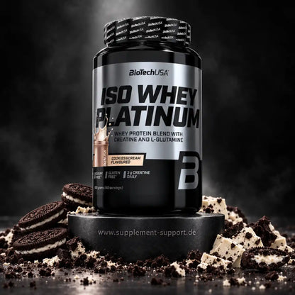 BioTech USA Iso Whey Platinum Proteinpulver in Cookies & Cream Geschmack mit Keksen