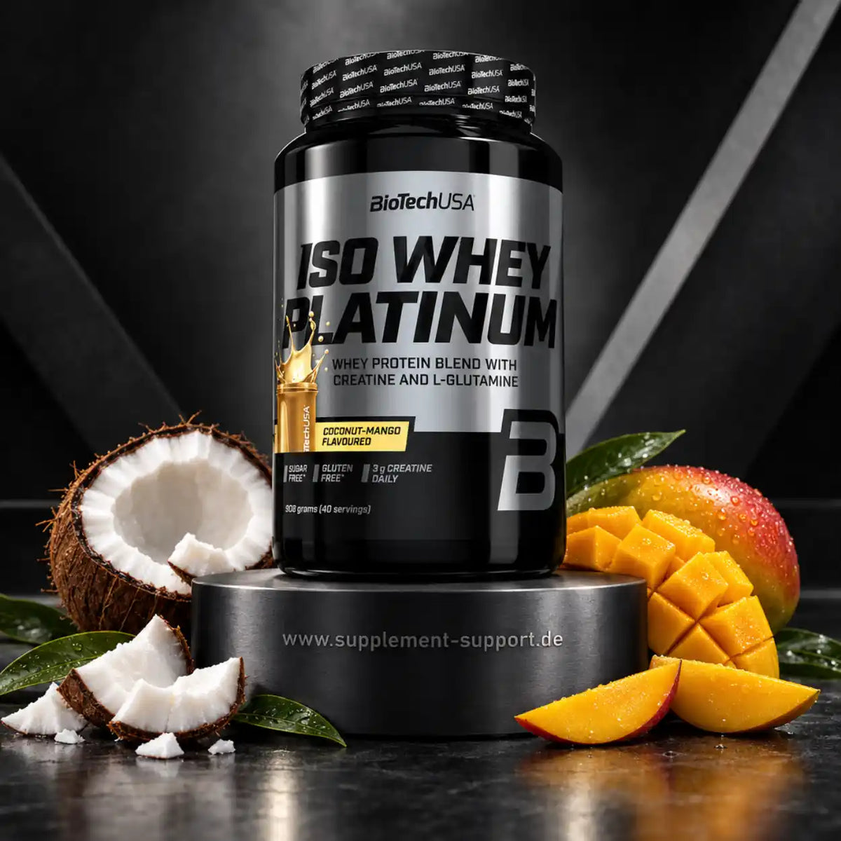 BioTech USA Iso Whey Platinum Proteinpulver Kokos-Mango Geschmack mit Kokosnuss und Mango Früchten
