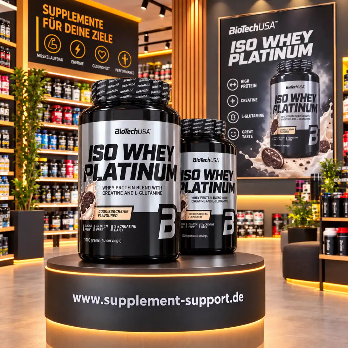 Zwei Dosen BioTech USA Iso Whey Platinum Protein-Pulver in einem Supplement-Shop.