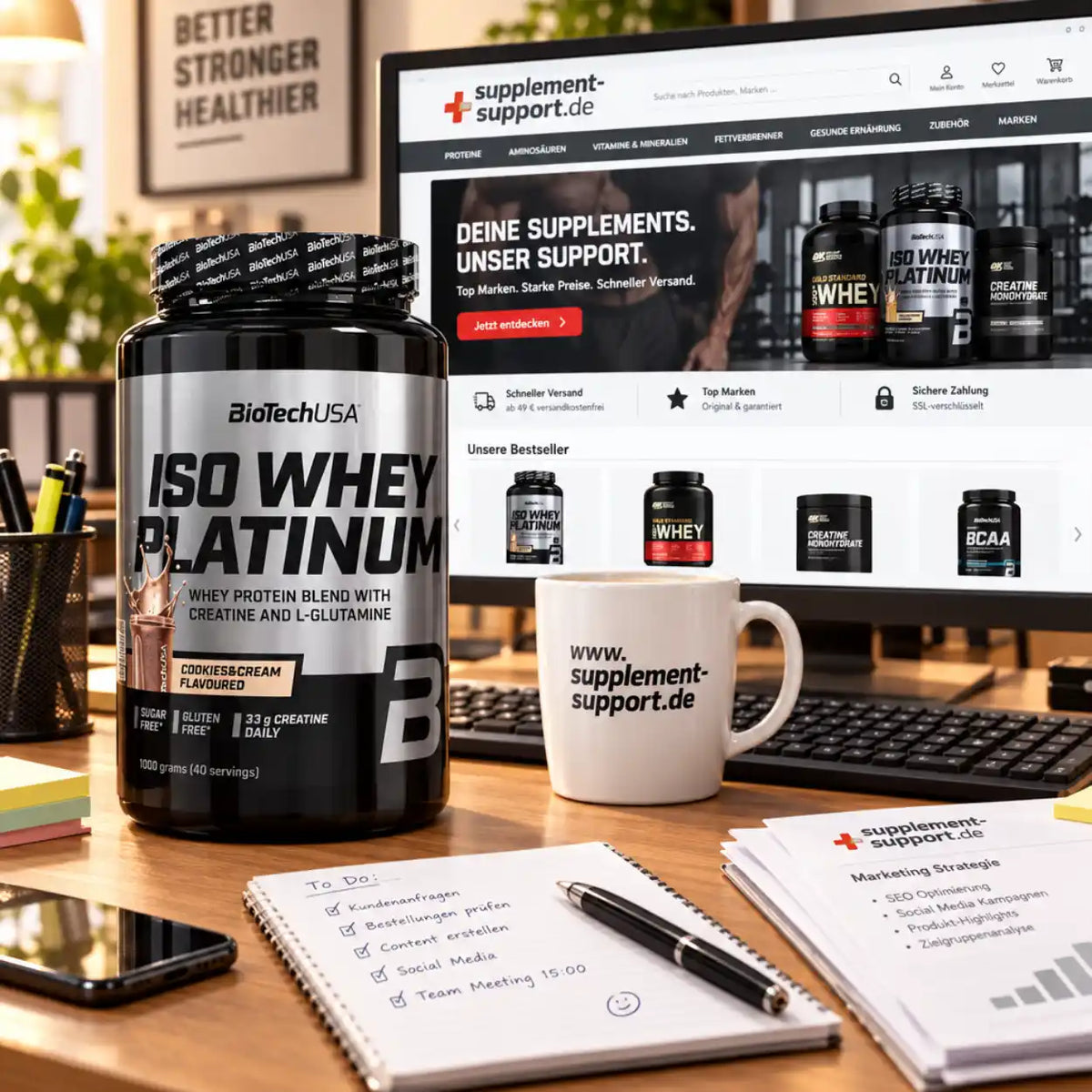 BioTech USA Iso Whey Platinum Proteinpulver auf einem Schreibtisch vor einem Monitor