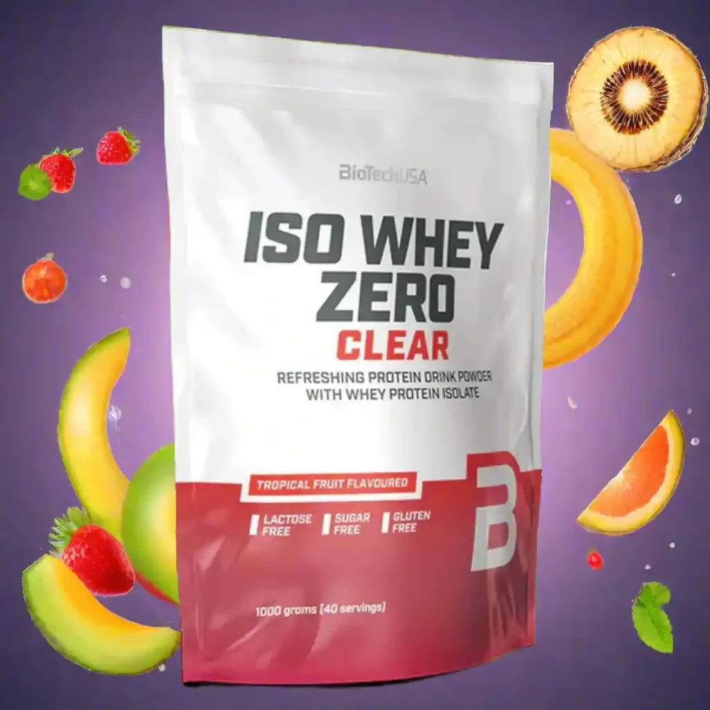 BiotechUSA Iso Whey Zero Clear Protein Pulver, 1000g, tropische Früchte, auf lila Hintergrund mit Melone, Erdbeeren, Kiwi und Orange