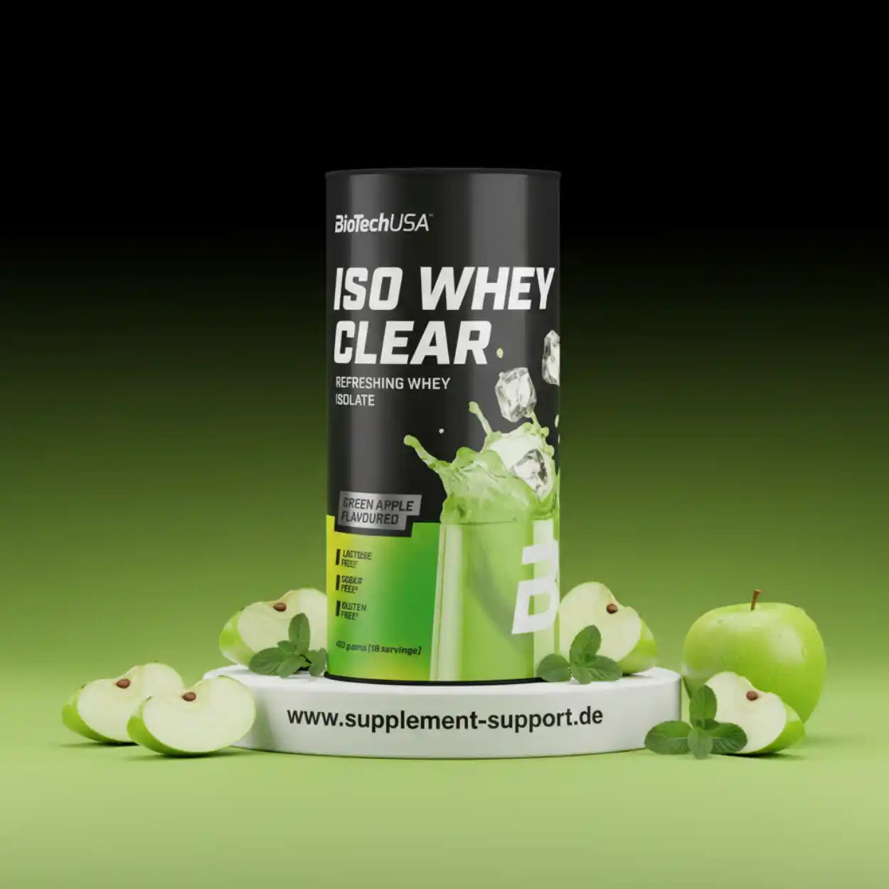 BioTechUSA ISO Whey Clear grüner Apfel Geschmack, laktosefrei, glutenfrei Proteinpulver mit frischen Äpfeln