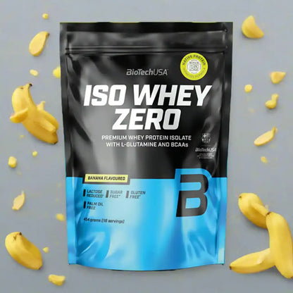 BioTechUSA ISO Whey Zero Proteinpulver Banane 454g, schwarze Verpackung mit gelben Bananenstücken