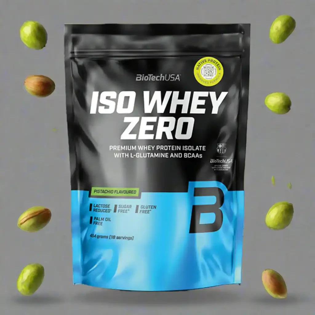 BioTechUSA Iso Whey Zero Proteinpulver 454g Pistazie, zuckerfrei, glutenfrei, Verpackung mit Pistazien