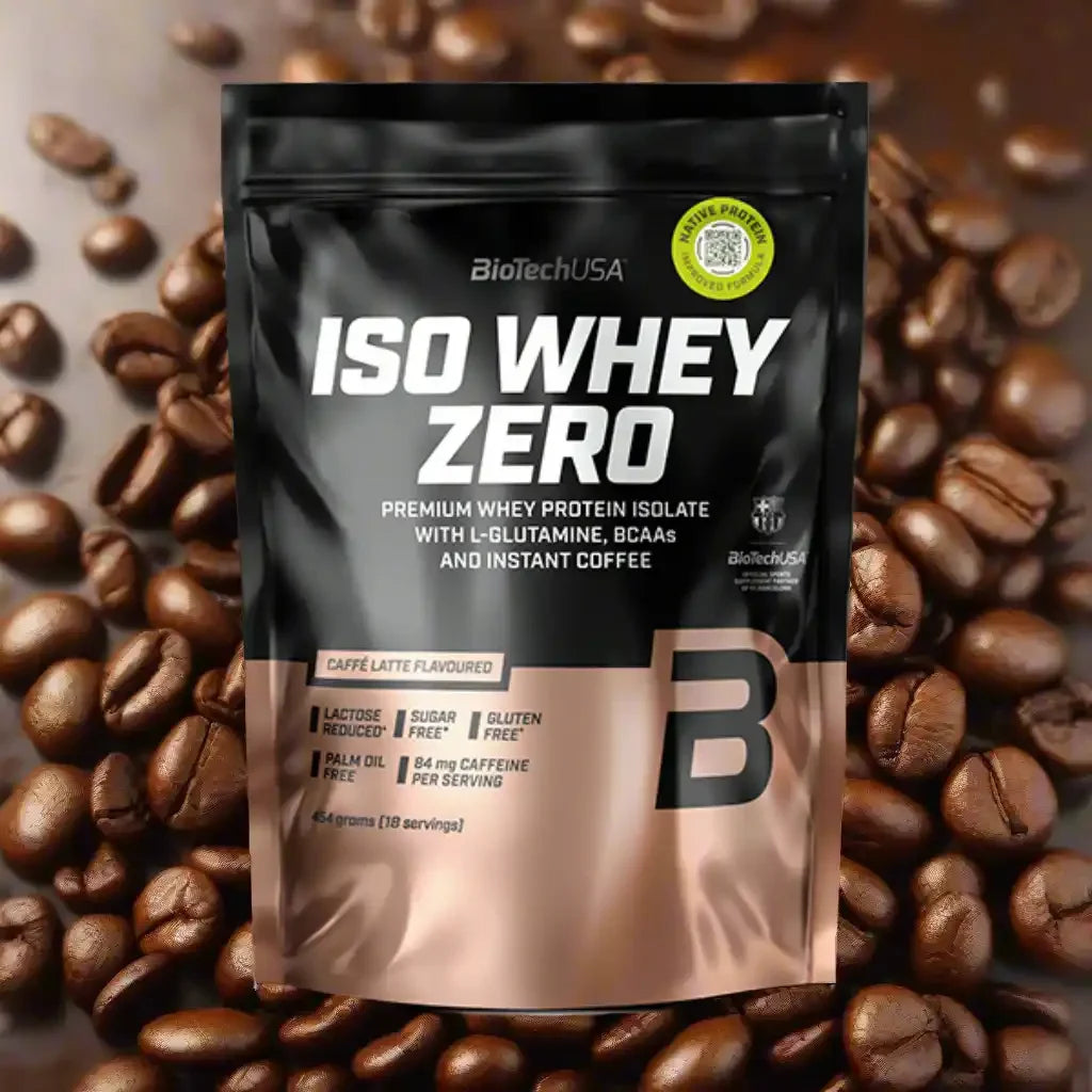 BioTechUSA Iso Whey Zero Proteinpulver Caffè Latte vor Kaffeebohnen, Eiweißpulver vegan