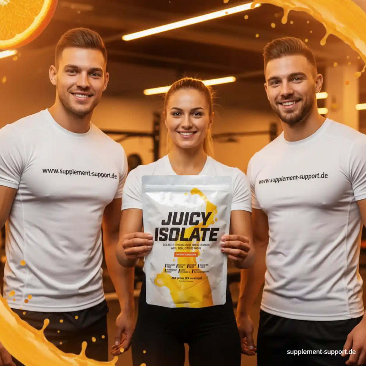 Drei Sportler in weißen T-Shirts präsentieren eine Packung Juicy Isolate Protein im Fitnessstudio.