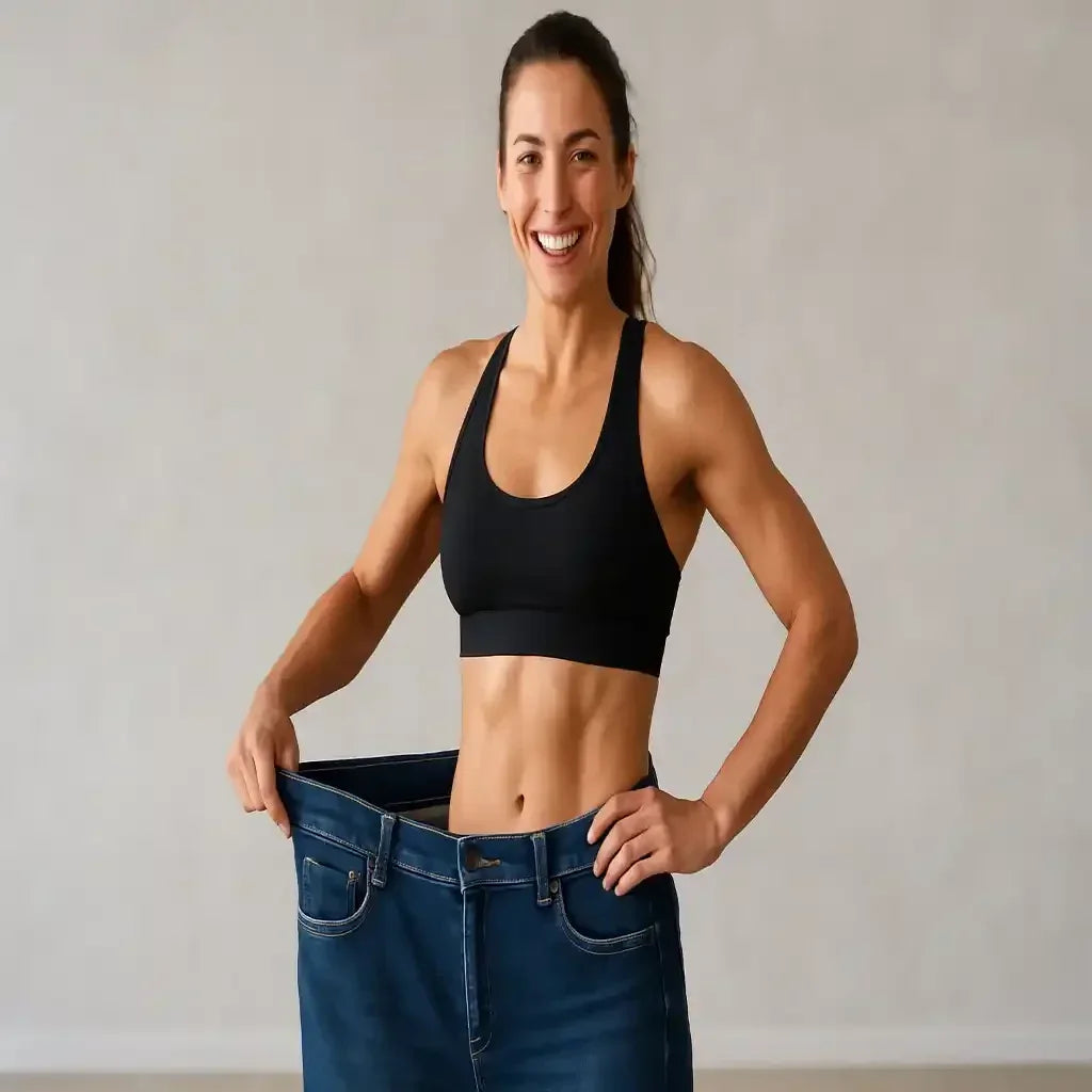 Sportliche Frau im Fitness Outfit zeigt große Jeans als Erfolg beim Abnehmen