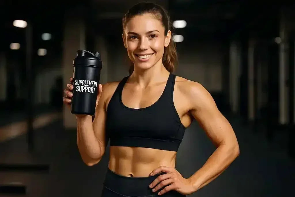 Sportliche Frau im Fitnessstudio hält schwarzen Shaker mit Aufdruck SUPPLEMENT SUPPORT