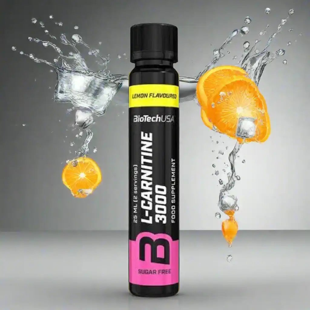 L-Carnitin 3000 Zitronengeschmack, zuckerfrei, Nahrungsergänzungsmittel mit Orangenscheiben und Wasserspritzern