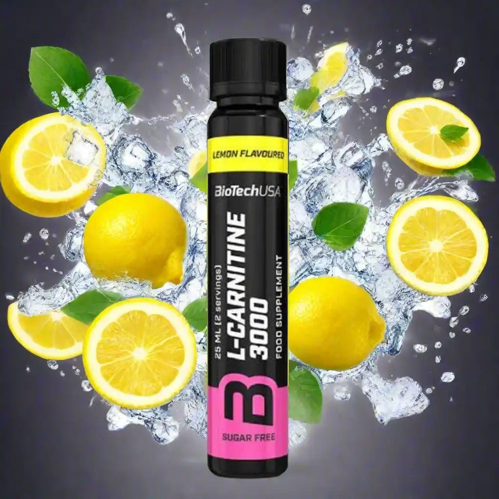 L-Carnitin 3000 mg Zitronengeschmack, zuckerfrei, Nahrungsergänzungsmittel mit Zitronenscheiben und Wasserspritzern