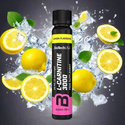 L-Carnitin 3000 mg Zitronengeschmack, zuckerfrei, Nahrungsergänzungsmittel mit Zitronenscheiben und Wasserspritzern