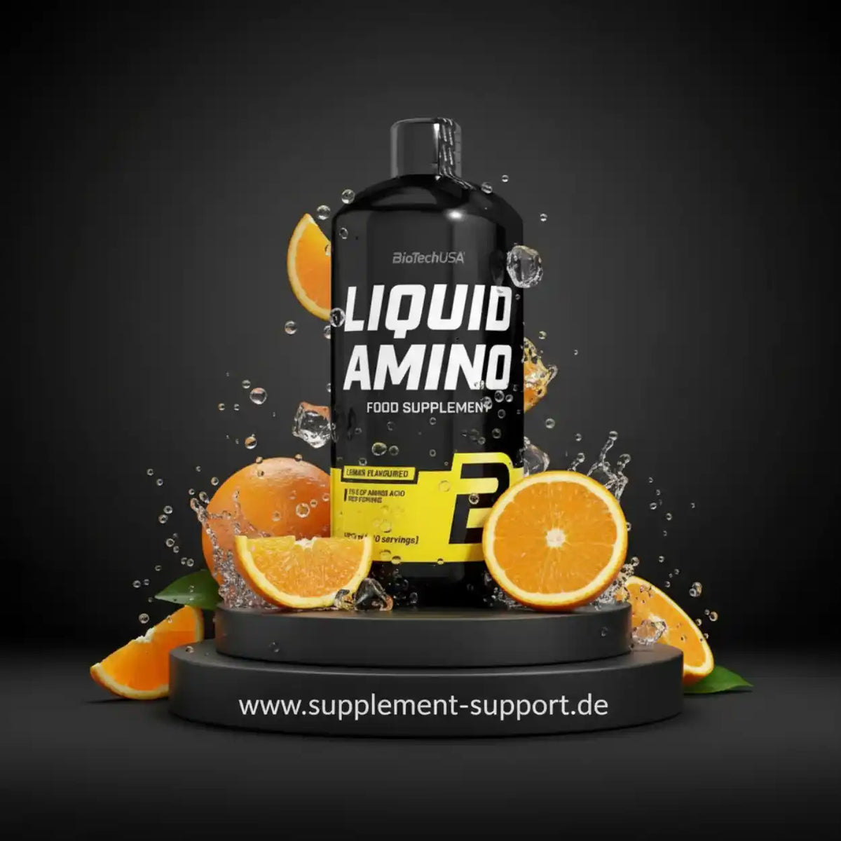 BioTechUSA Liquid Amino Nahrungsergänzungsmittel in Orangen-Geschmack mit frischen Orangenscheiben